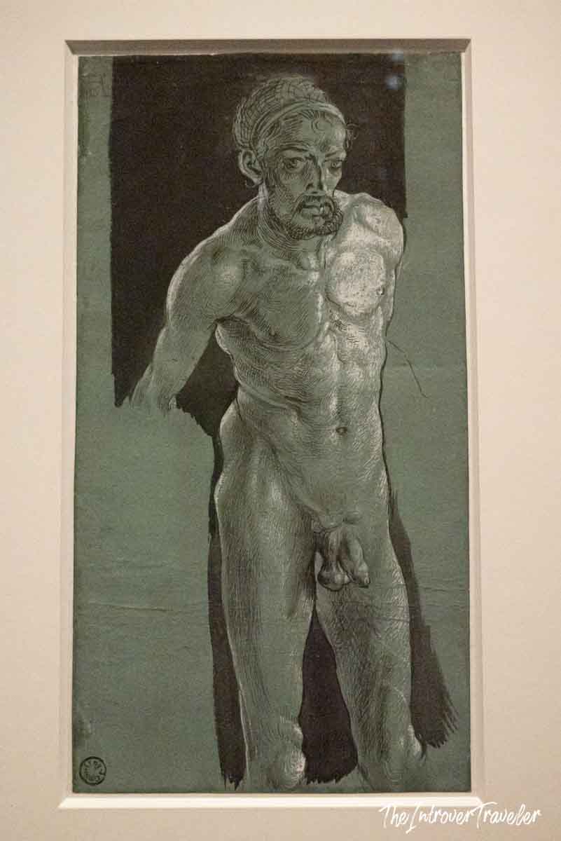 Renaissance nude male figure drawing on green paper, displayed at the Accademia Gallery Venice exhibition