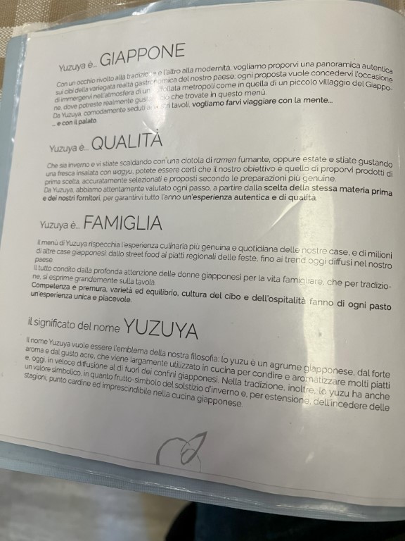 Yuzuya restaurant menu in Italian explaining Japan, quality, family, and the yuzu name origin