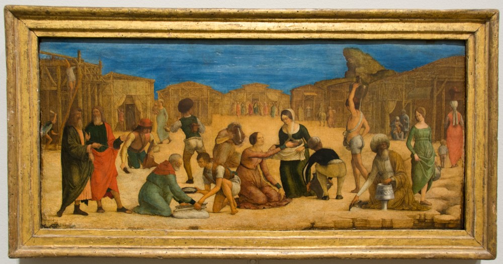 Renaissance panel painting at the National Gallery London, depicting a busy Biblical scene with figures in a sandy town square.