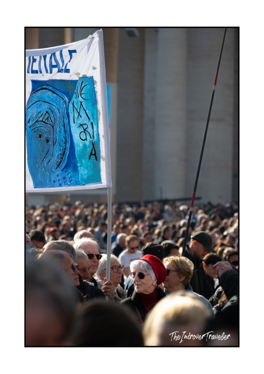 Pilgrim holding a painted banner in the crowd at St. Peter's Square during the Sunday Angelus