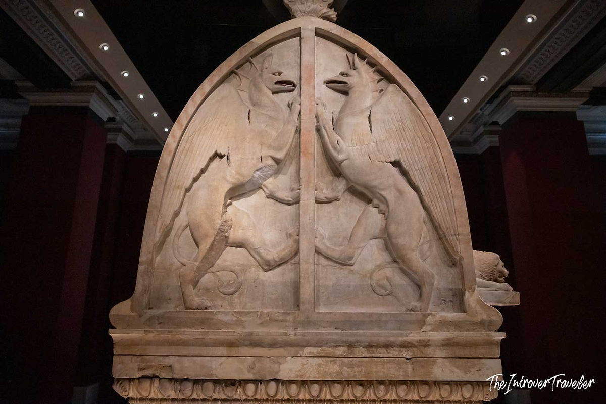 Ancient Greek marble stele with mirrored griffin reliefs, Istanbul Archaeological Museum