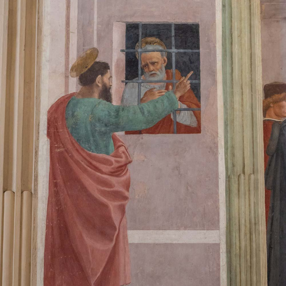 Fra Filippo Lippi fresco detail in the Brancacci Chapel, showing Saint Peter in prison visited by Saint Paul
