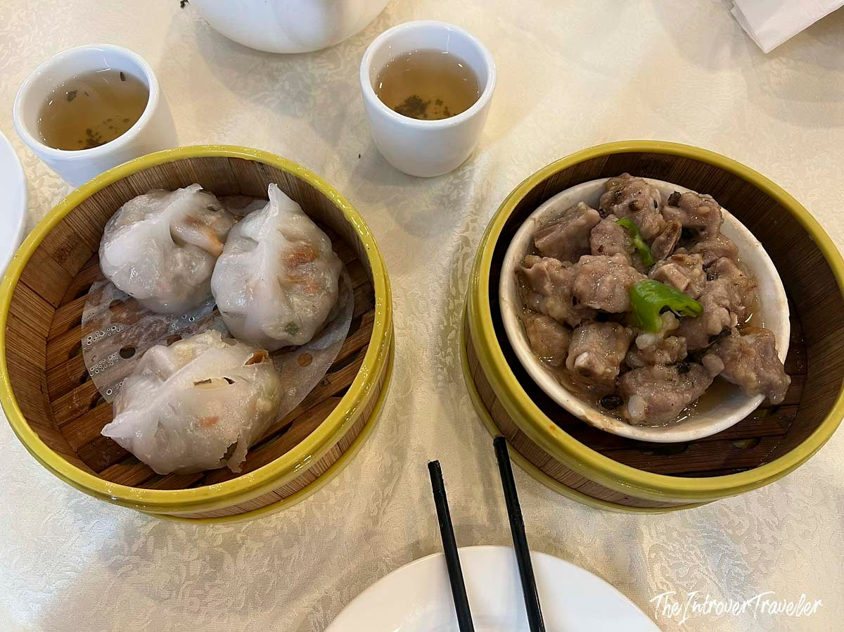 Dim sum spread at House of Joy, Chinatown Manhattan: har gow dumplings and steamed spare ribs with tea