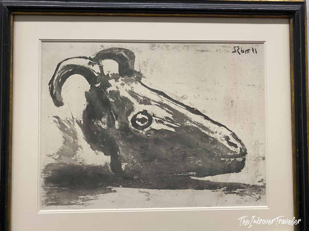 Picasso lithograph of a ram's head, signed and framed, on display at the Albertina Museum Vienna