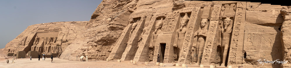 Panoramic view of the Minor Temple of Abu Simbel, dedicated to Nefertari, with carved rock facade statues