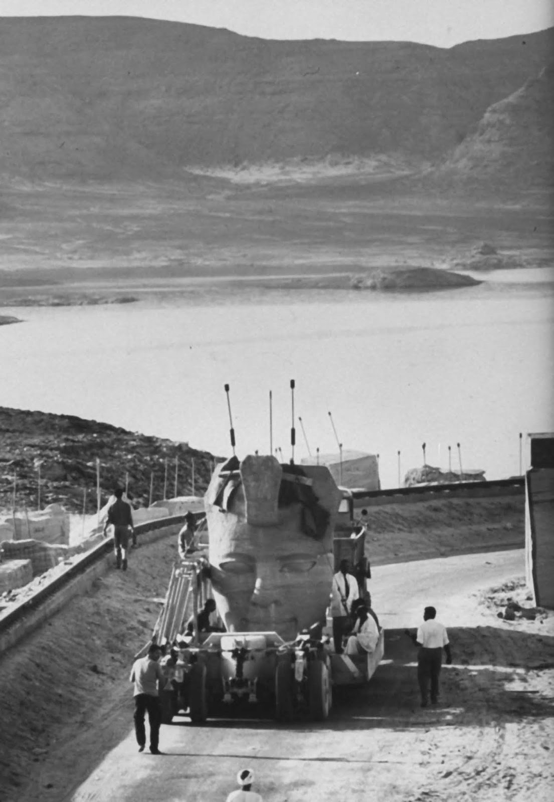Colossal Ramesses II head from Abu Simbel loaded on a truck during the 1960s UNESCO relocation
