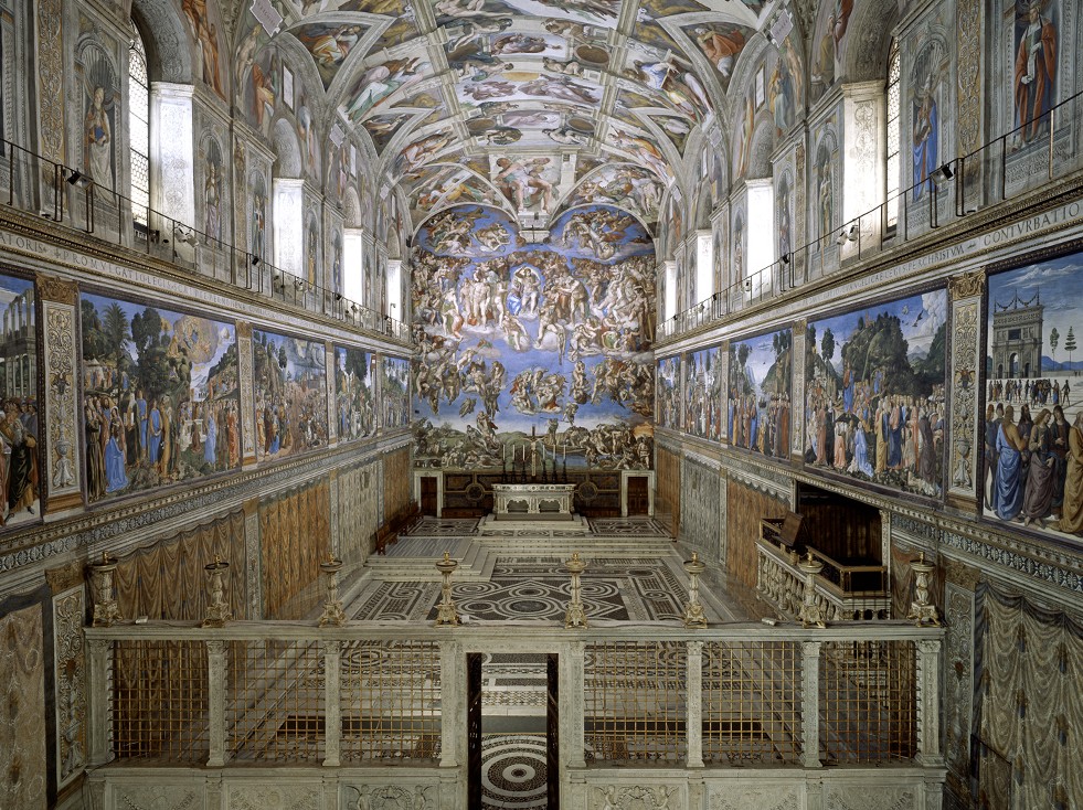 Sistine Chapel interior showing Michelangelo's ceiling frescoes and Last Judgment altarpiece, Vatican