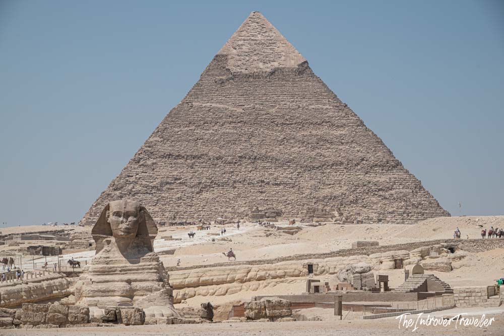 Great Sphinx of Giza with the Pyramid of Khafre rising behind it, Giza Plateau, Egypt