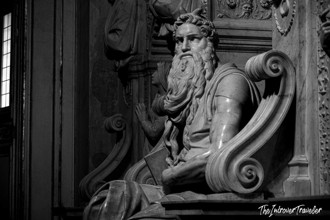 Michelangelo's Moses sculpture at San Pietro in Vincoli, Rome, showing horns and flowing beard