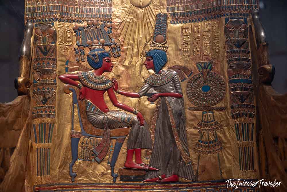 Gold throne of Tutankhamun, showing the king and queen in painted relief, Egyptian Museum Cairo