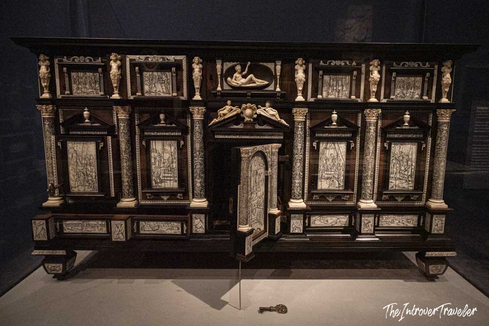 Ornate Baroque ebony and ivory cabinet on display at the Metropolitan Museum of Art, New York