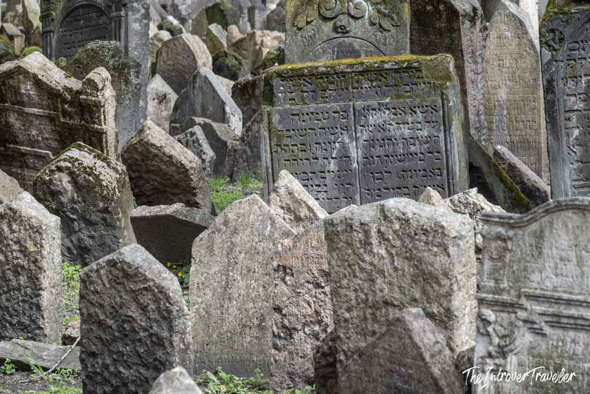 Densely packed Hebrew-inscribed gravestones at the Old Jewish Cemetery in Prague, Josefov
