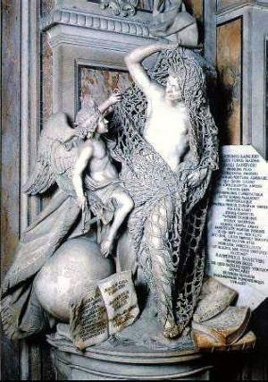 Disinganno sculpture by Francesco Queirolo in the Sansevero Chapel, Naples, showing a man freed from a net