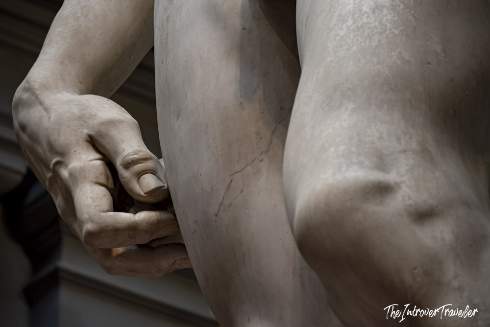 Close-up of Michelangelo's David hand gripping a stone, showing intricate marble detail