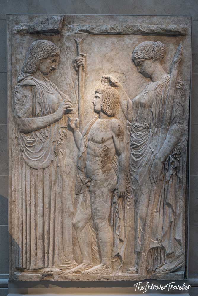Eleusinian Relief showing Demeter, Persephone, and Triptolemos, a Greek marble highlight at the Met