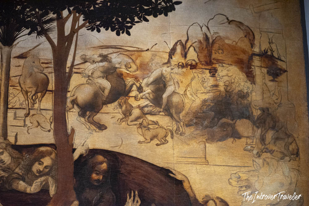 Adoration of the Magi by Leonardo da Vinci, unfinished monochrome detail at the Uffizi Gallery Florence