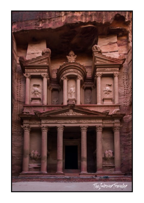 Al-Khazneh (The Treasury) carved into rose-red sandstone cliffs in Petra, Jordan
