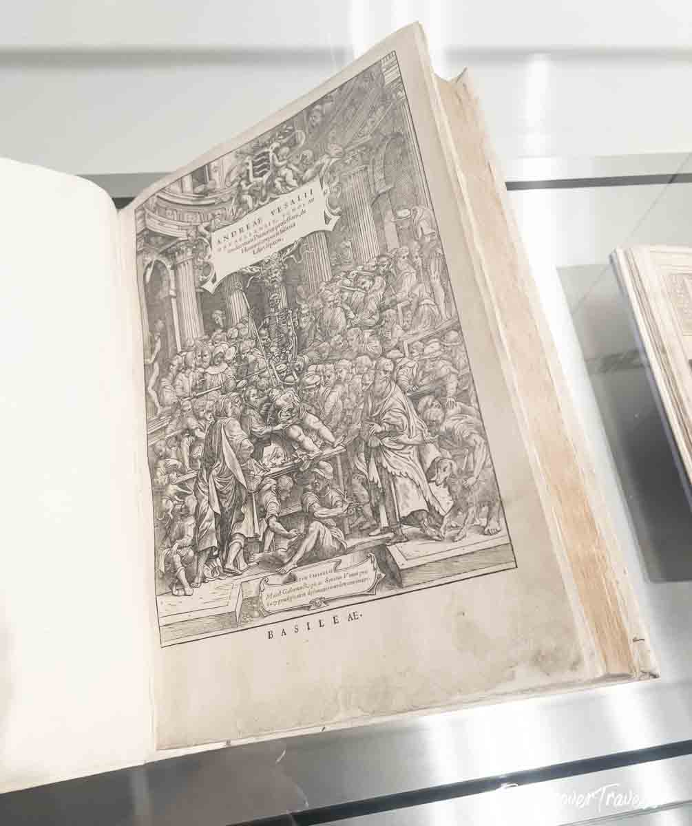 Original 1543 De Humani Corporis Fabrica by Vesalius, displayed at Accademia Gallery Venice
