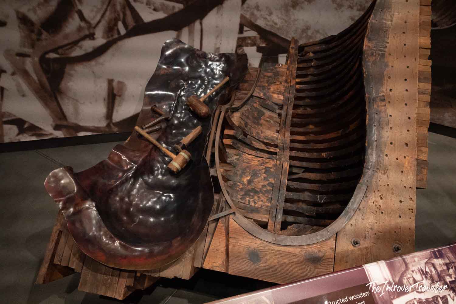 Copper sheet hammering mold and wooden form used to construct the Statue of Liberty skin