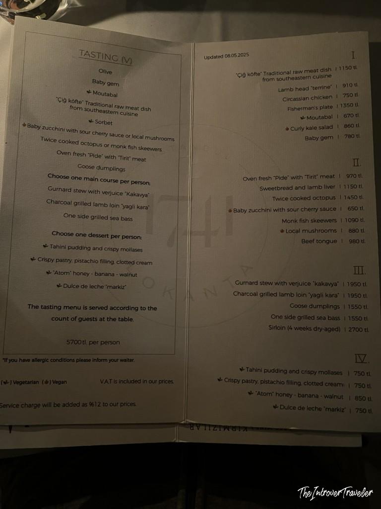 Lokanta 1741 Istanbul tasting menu and a la carte options with prices in Turkish lira