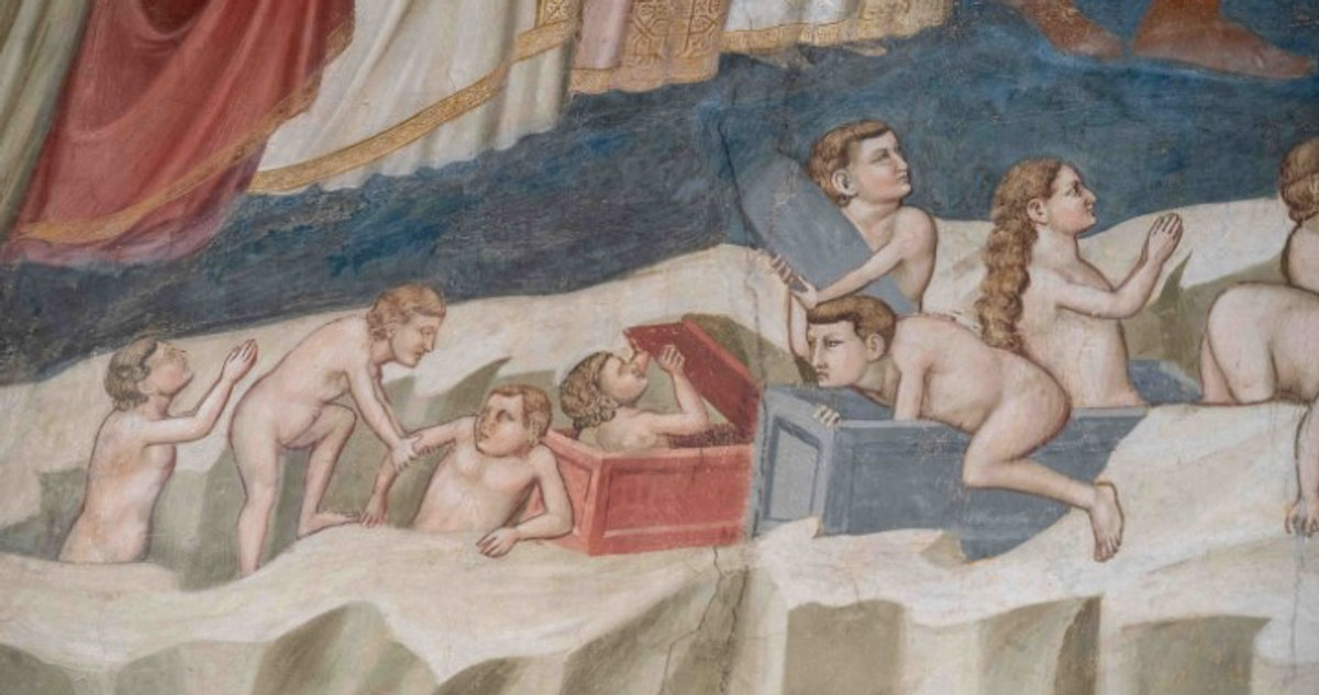 Detail of resurrected souls rising from tombs in Giotto's Last Judgment fresco, Scrovegni Chapel Padua
