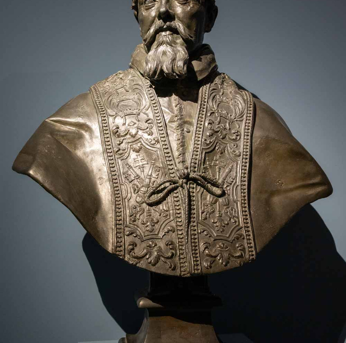 Bronze bust of Pope Urban VIII by Bernini, showcasing papal vestments with intricate Baroque relief decoration.