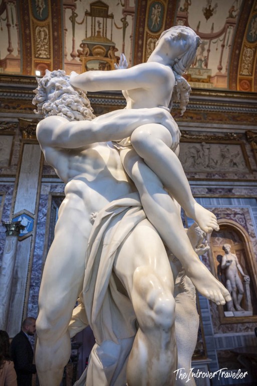 Bernini's Rape of Proserpina at Galleria Borghese, Rome, showing Pluto lifting Proserpina in marble