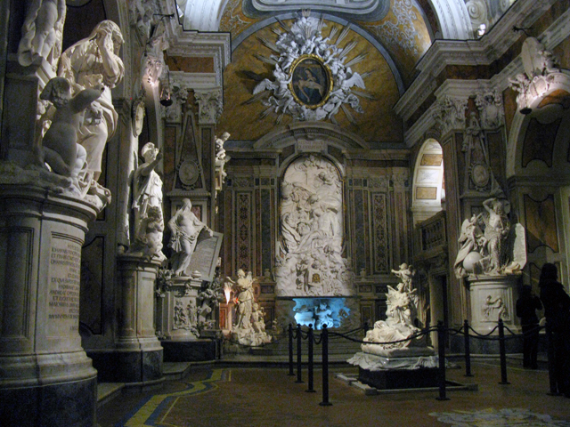 Interior of the Sansevero Chapel Naples, showing the Veiled Christ and baroque marble sculptures