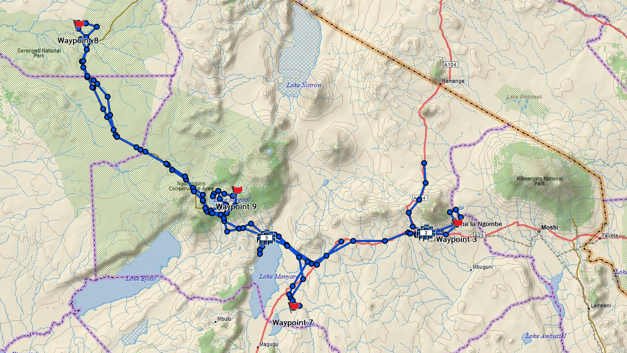 GPS route map of a Tanzania safari, showing waypoints near Serengeti, Ngorongoro, and Kilimanjaro