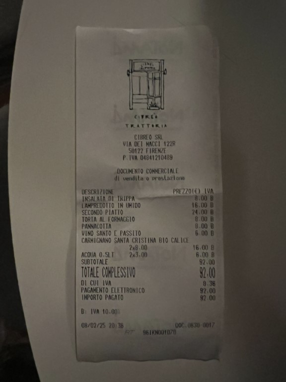 Receipt from Trattoria Cibrèo Florence, showing a 92 euro meal with tripe salad and pannacotta