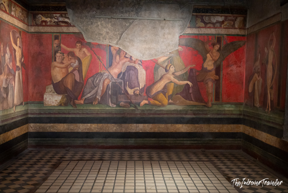 Dionysiac frieze frescoes inside the Villa of the Mysteries, Pompeii, remarkably preserved after 2000 years
