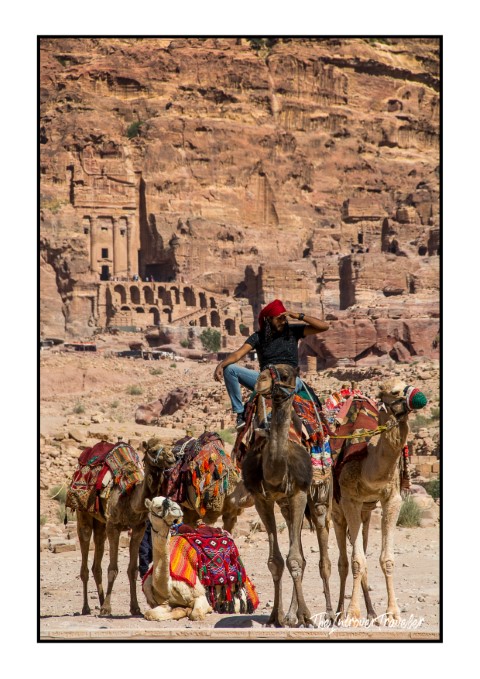 Bedouin guide on camels near the Royal Tombs carved into rose-red cliffs at Petra, Jordan