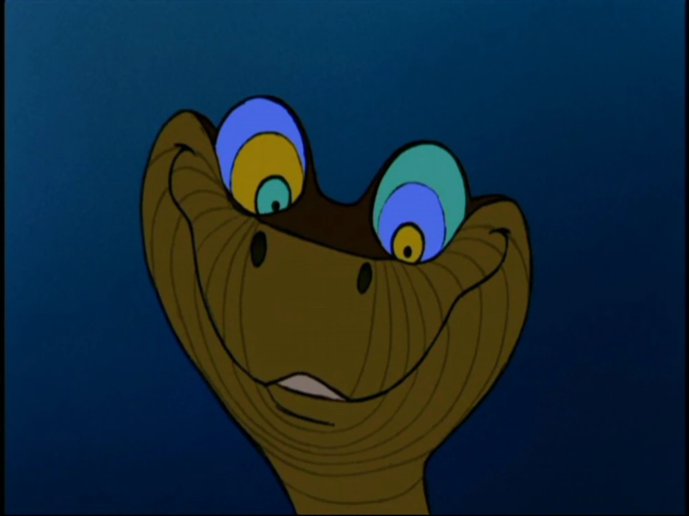 Animated dinosaur with colorful eyes, loosely evoking the goggle-eyed Giants of Mont'e Prama statues