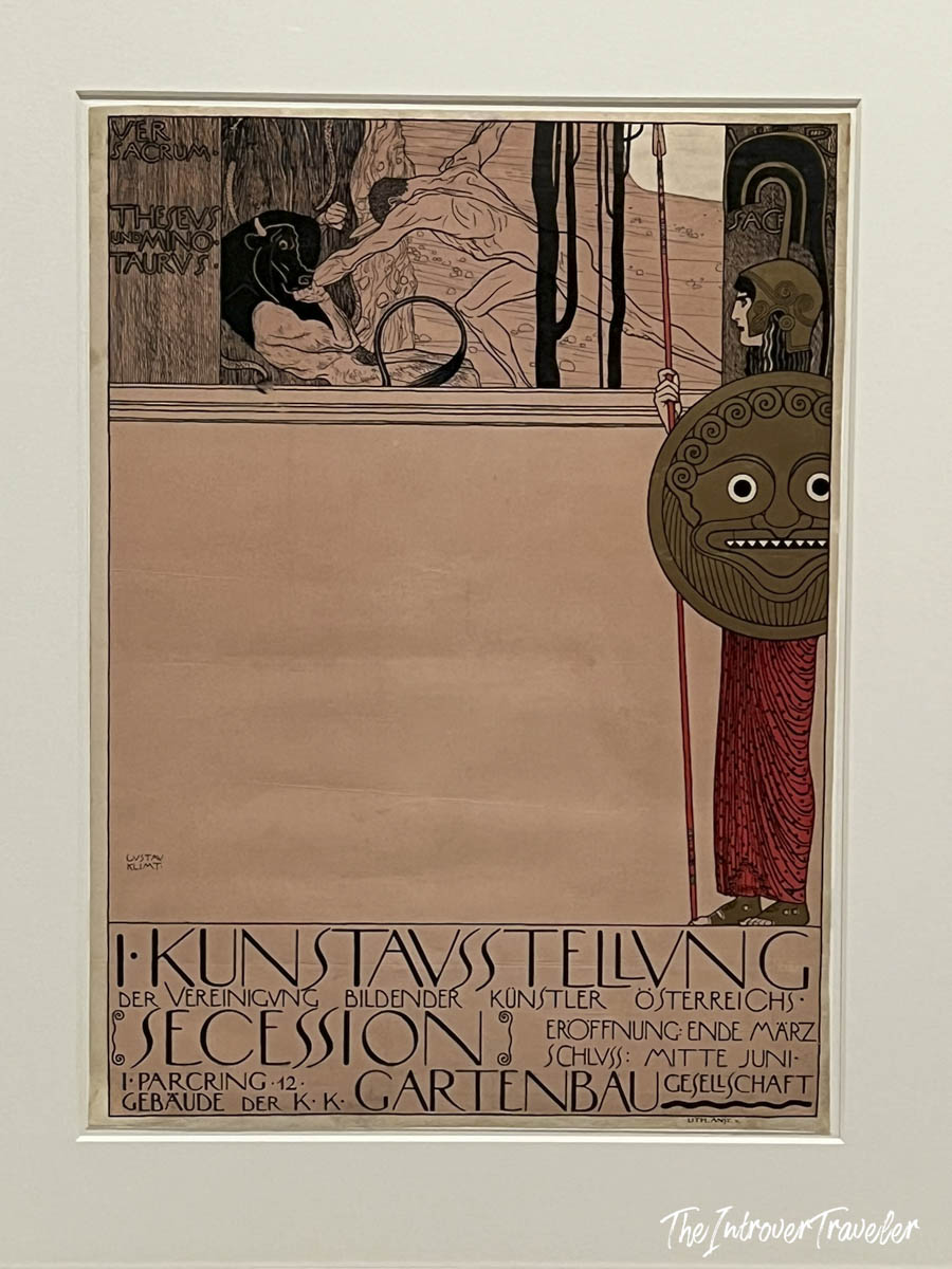 Gustav Klimt's 1898 Vienna Secession poster featuring Theseus and the Minotaur, displayed at MoMA New York