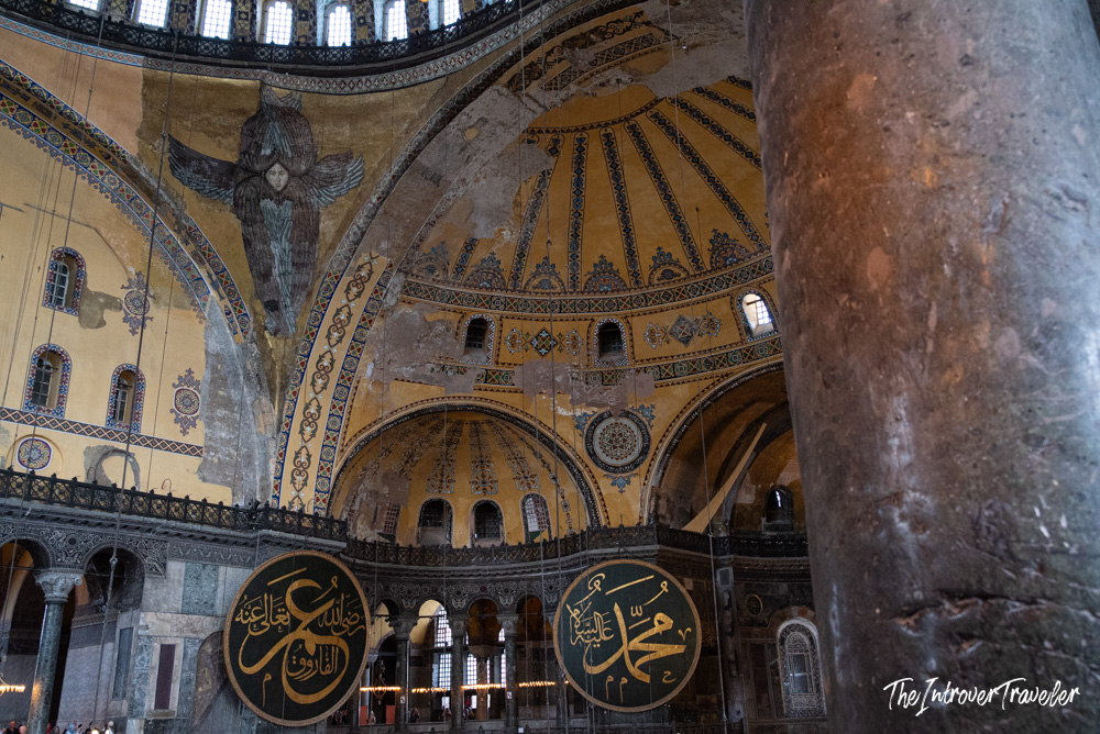 Hagia Sophia interior dome with Islamic calligraphy medallions and Byzantine mosaic details, Istanbul