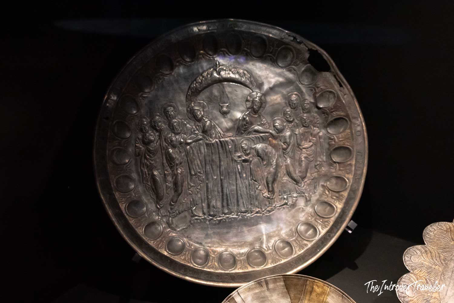 Ancient Byzantine silver plate with embossed biblical scene, on display at the Istanbul Archaeological Museum