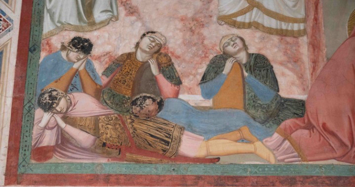 Giotto fresco detail in the Scrovegni Chapel, Padua, showing mourning figures in rich medieval dress