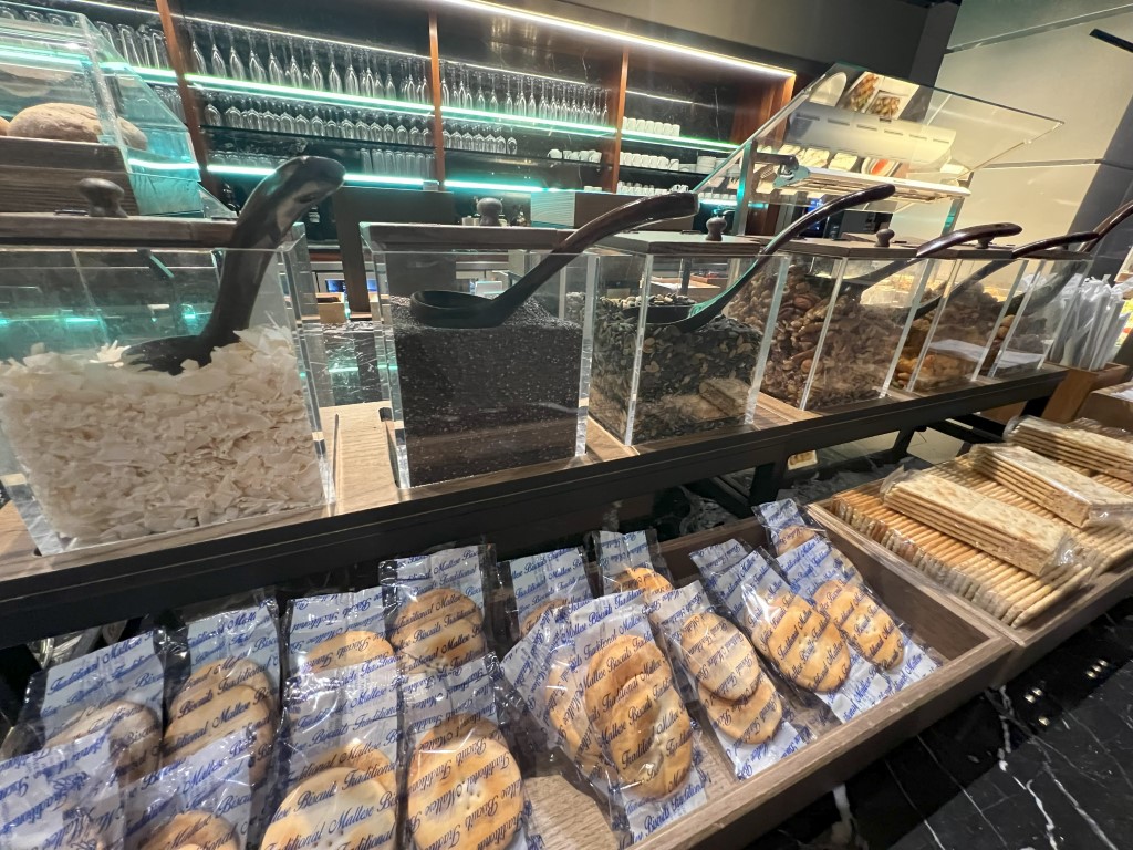 Maltese traditional biscuits and nuts display at the La Valette Lounge, Malta Airport