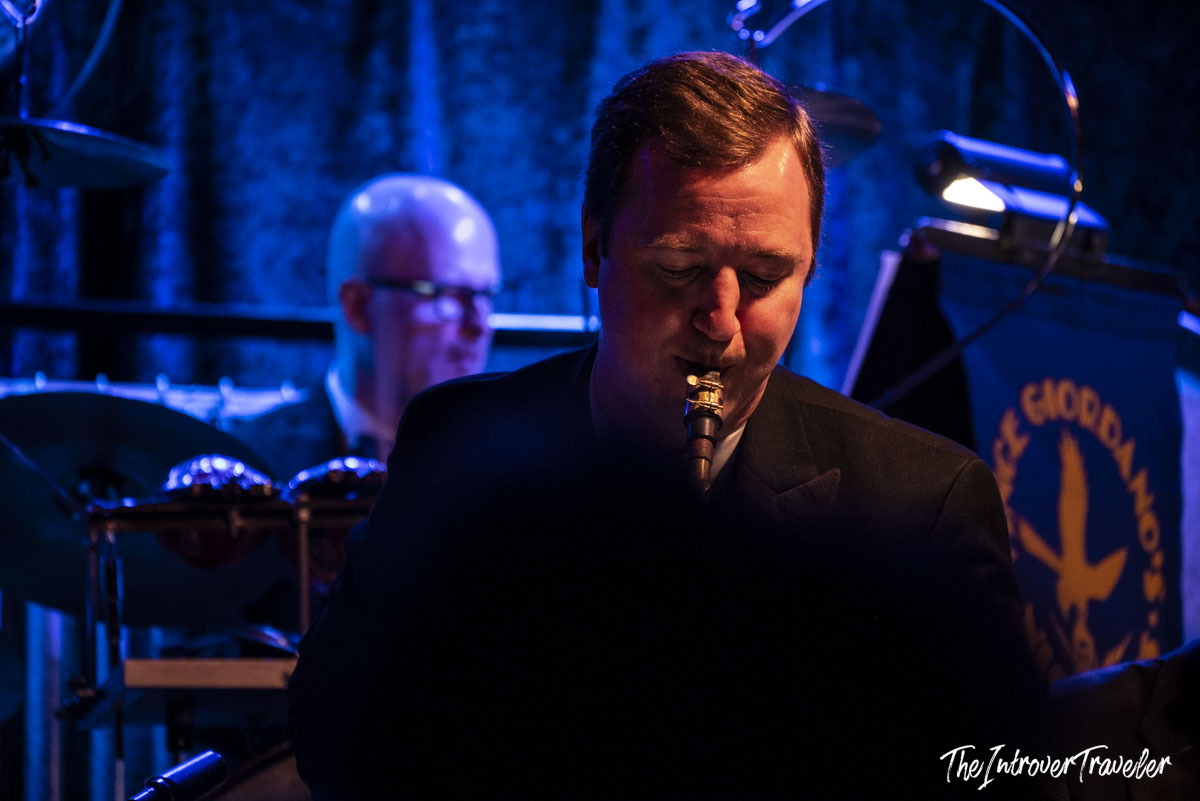 Saxophonist performing with Vince Giordano and the Nighthawks at Birdland jazz club, New York