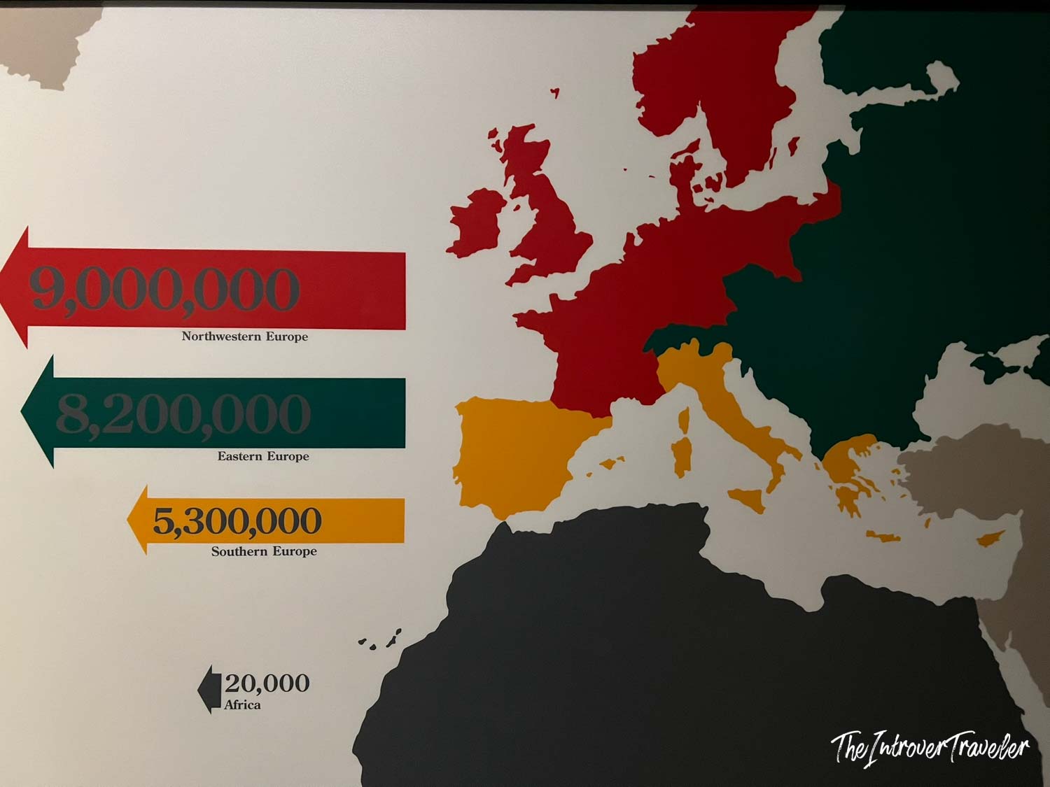 Museum map showing European immigration numbers to America, with 9 million from Northwestern Europe
