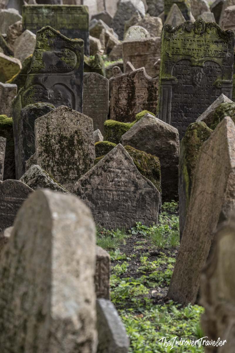 Densely packed moss-covered Hebrew gravestones at the Old Jewish Cemetery in Prague