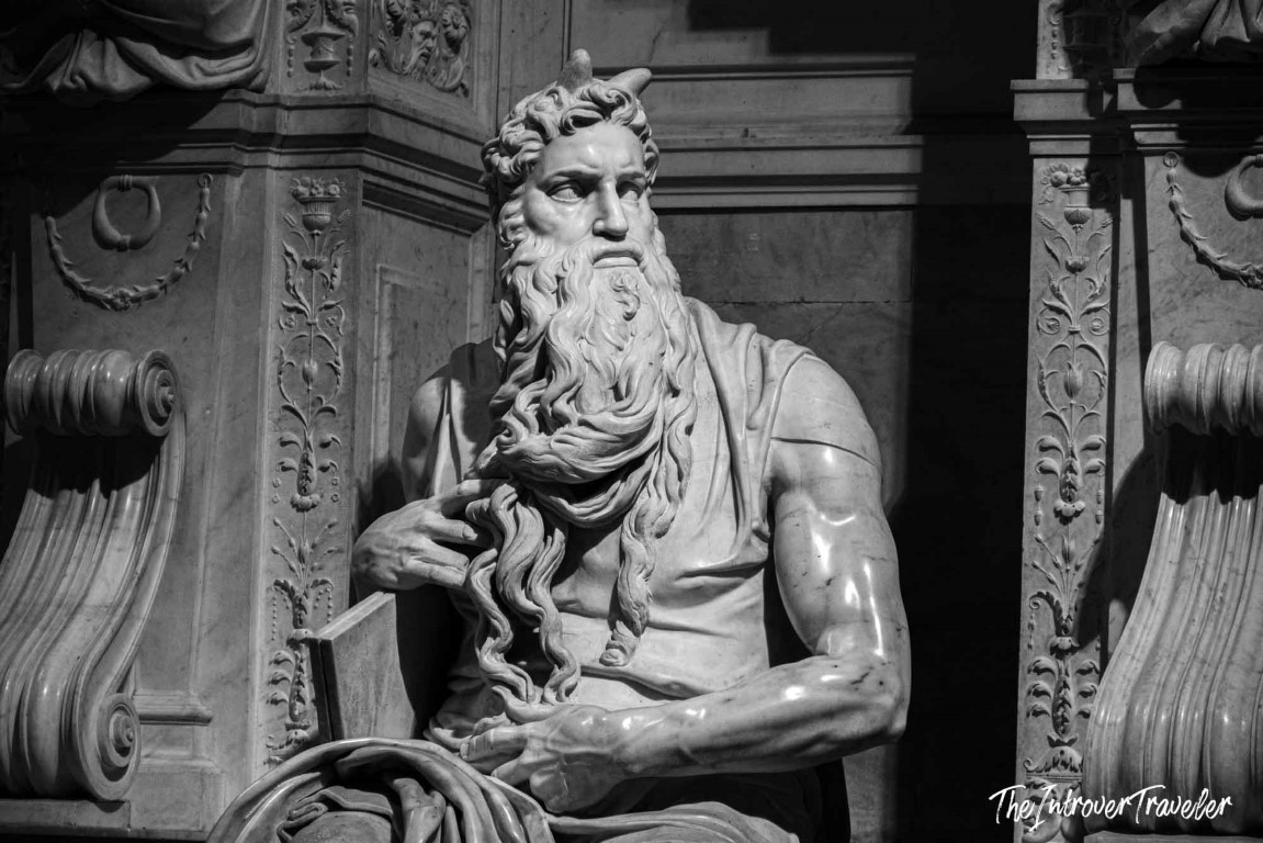 Michelangelo's Moses sculpture, close-up of horned figure with flowing beard, San Pietro in Vincoli Rome