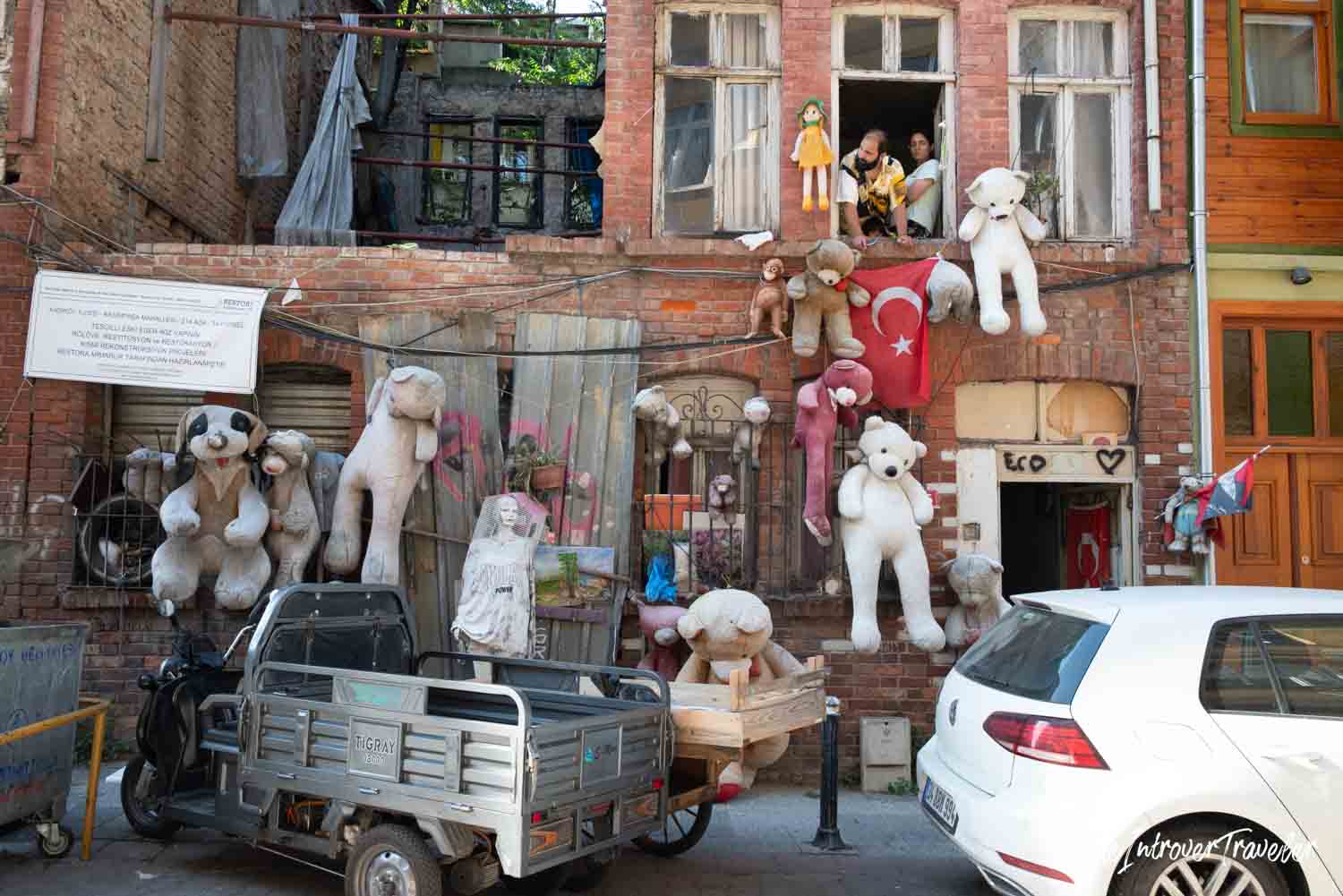 Quirky Kadıköy building covered in giant teddy bears and a Turkish flag, Istanbul