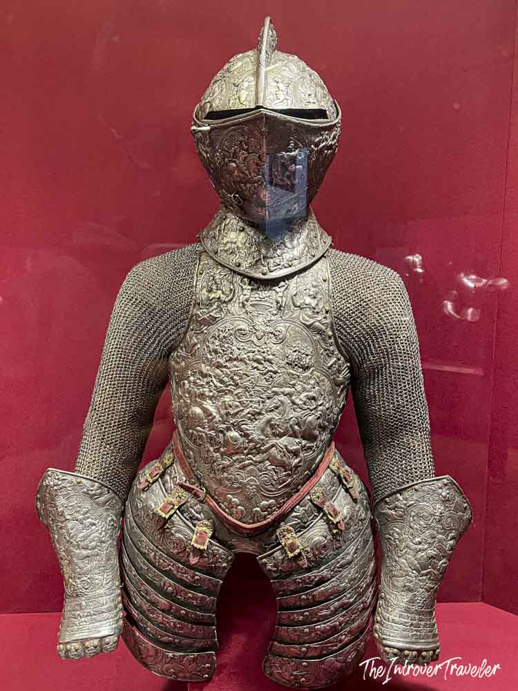 Elaborately embossed ceremonial armor on display at the Metropolitan Museum of Art, New York