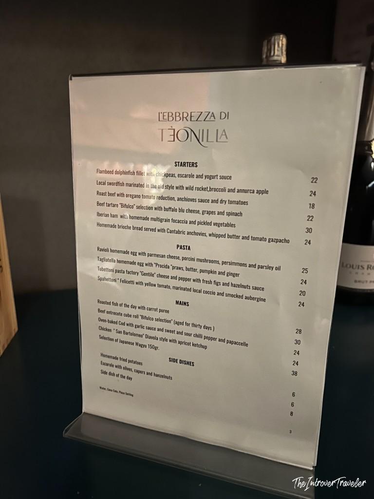 Full menu card for L'Ebbrezza di Teonilla, a fine dining restaurant in Naples