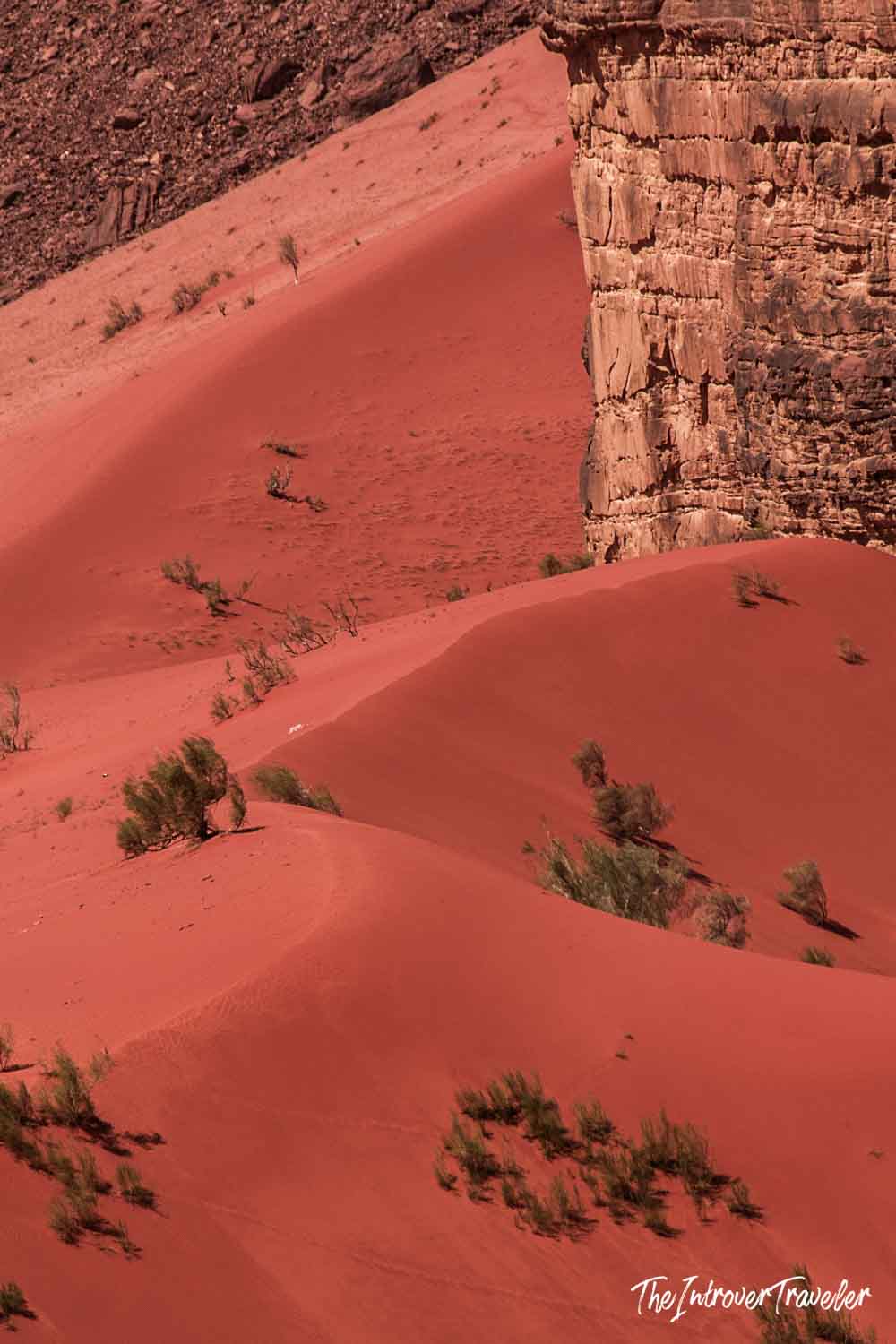 Sweeping red sand dunes and sandstone cliffs in Wadi Rum desert, Jordan