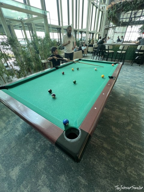 Pool table at IGA Lounge Istanbul Airport, with guests playing amid lush greenery and a bar area