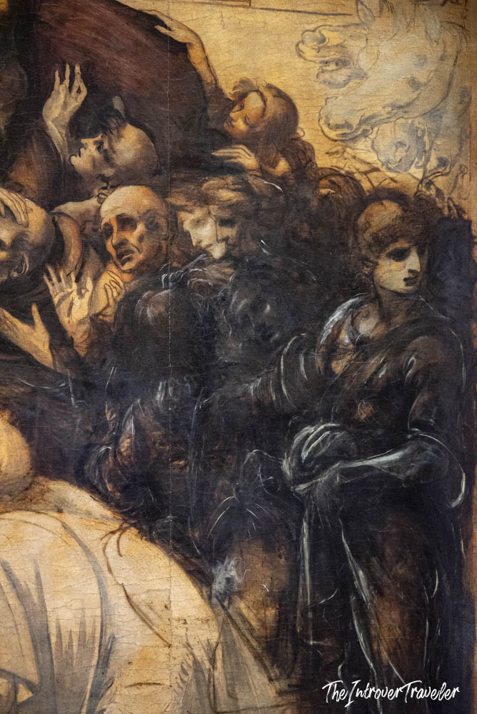 Close-up detail of Leonardo da Vinci's Adoration of the Magi at the Uffizi Gallery, Florence