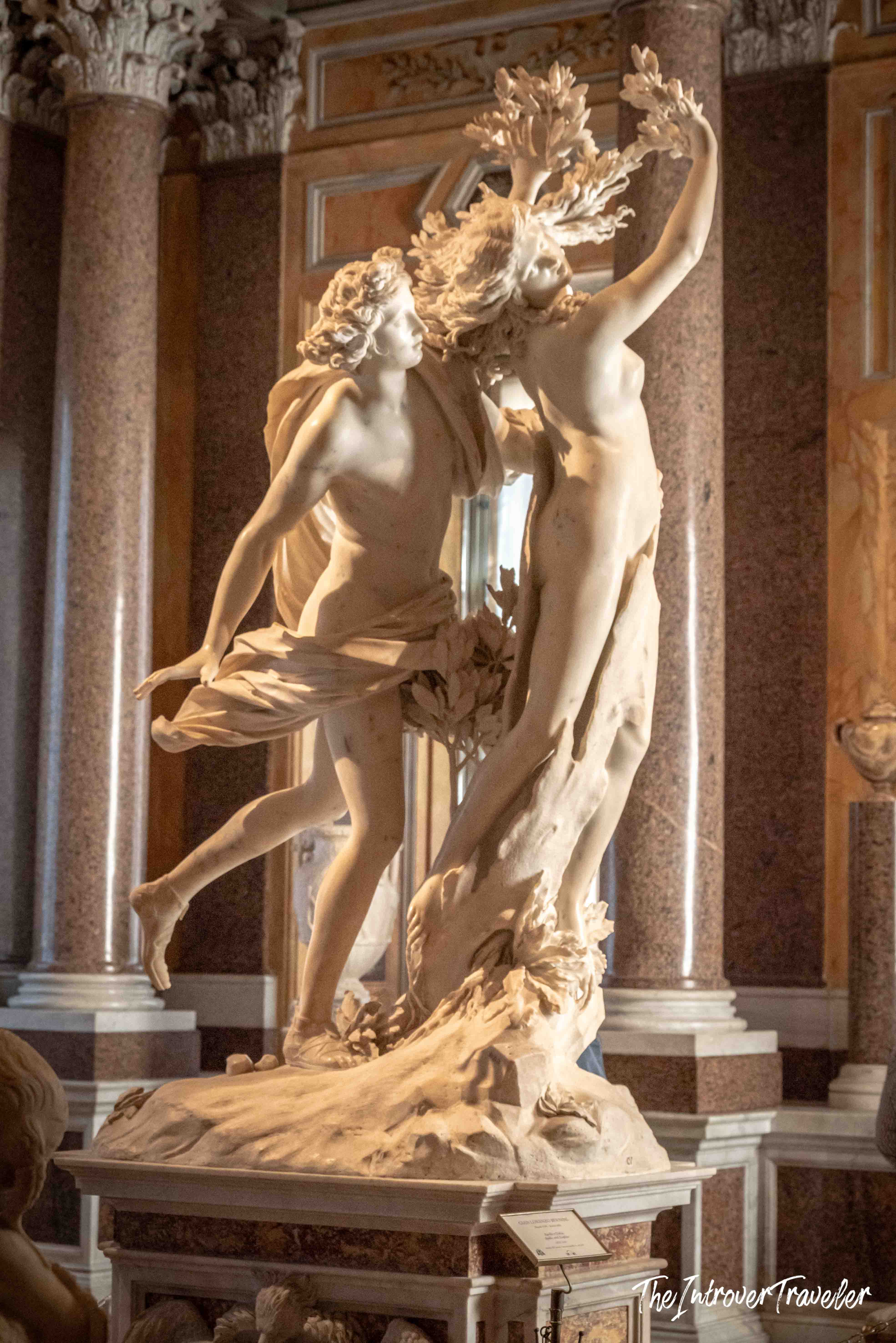 Bernini's Apollo and Daphne at the Borghese Gallery, capturing Daphne's transformation into a laurel tree