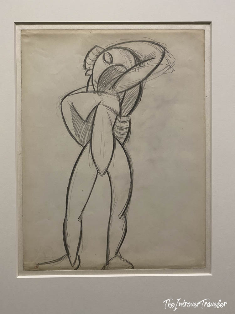 Cubist pencil sketch of a standing figure, displayed at the Albertina Museum in Vienna